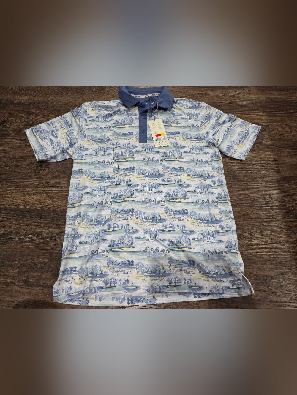 Walter Hagen Men's Light Blue Scenic Print Polo with Navy Collar Size Small NWT